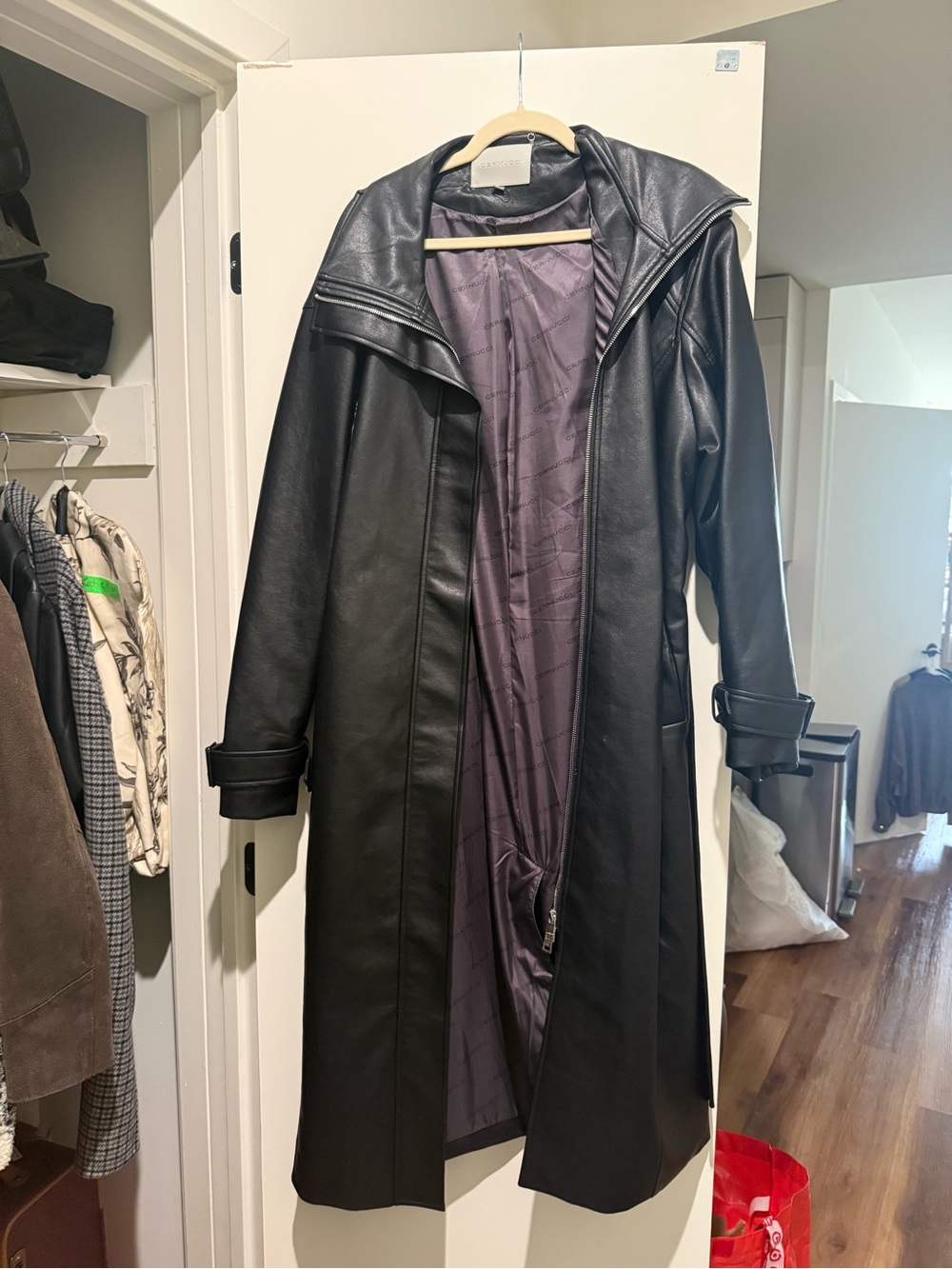 Elegant Black Faux Leather Trench Coat with Hood